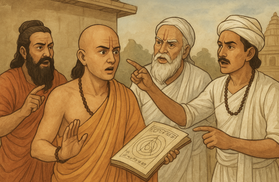 バラモンたちに非難されるアーリヤバタ（AIイメージ）