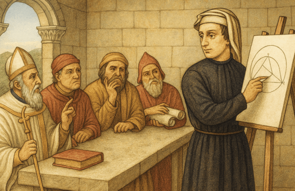 数学試合で解けた問題を解説するフィボナッチ（AIイメージ）